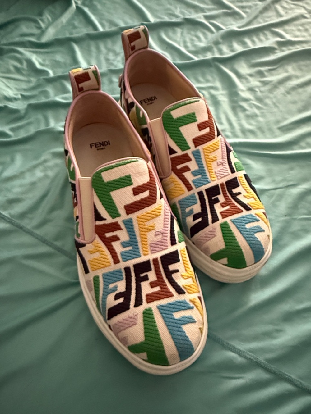 Fendi White Slip-On Sneakers with Multicolor FF Embroidery